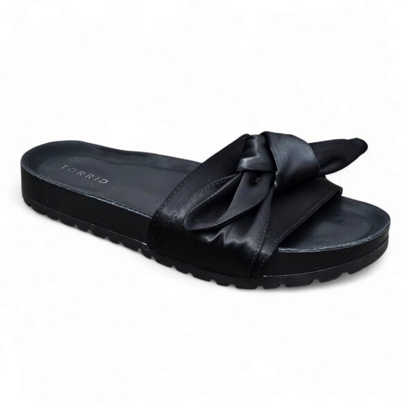 Torrid Black Satin Bow Pool Slides Slip On Flat Sandals - Picture 1 of 9